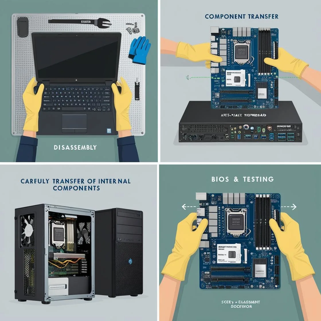 Four-panel technical illustration showing the step-by-step process of replacing a computer motherboard. Includes disassembly, component transfer, installation of a new board, and BIOS setup testing. Designed for laptops and desktops, with clear visuals for CPU, RAM, and storage transfer. No brand names included.