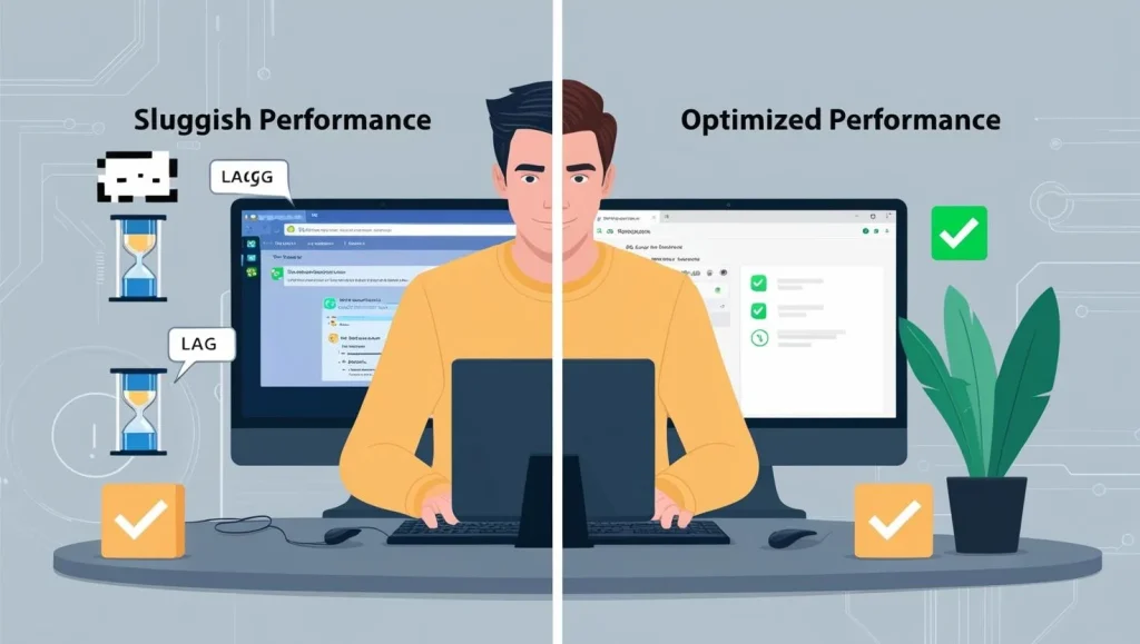 Split-screen illustration of a slow, underperforming computer versus a tuned-up, high-speed version, highlighting performance improvement through optimization.